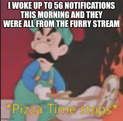 Pizza Time Stops | I WOKE UP TO 56 NOTIFICATIONS THIS MORNING AND THEY WERE ALL FROM THE FURRY STREAM | image tagged in pizza time stops | made w/ Imgflip meme maker