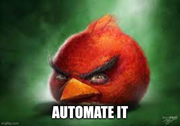 Realistic Red Angry Birds | AUTOMATE IT | image tagged in realistic red angry birds | made w/ Imgflip meme maker