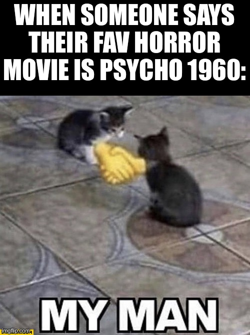 Cats shaking hands | WHEN SOMEONE SAYS THEIR FAV HORROR MOVIE IS PSYCHO 1960: | image tagged in cats shaking hands | made w/ Imgflip meme maker