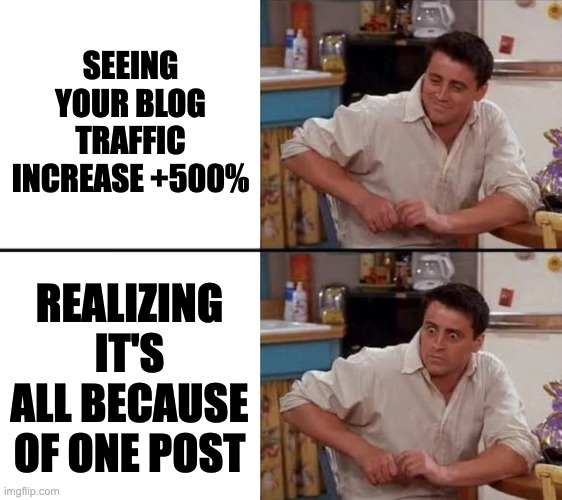 Surprised Joey | SEEING YOUR BLOG TRAFFIC INCREASE +500%; REALIZING IT'S ALL BECAUSE OF ONE POST | image tagged in surprised joey | made w/ Imgflip meme maker