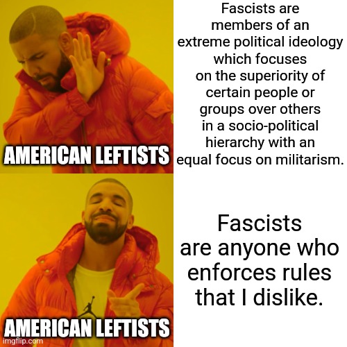 Everyone I dislike is LITERALLY Hitler!! | Fascists are members of an extreme political ideology which focuses on the superiority of certain people or groups over others in a socio-political hierarchy with an equal focus on militarism. AMERICAN LEFTISTS; Fascists are anyone who enforces rules that I dislike. AMERICAN LEFTISTS | image tagged in drake hotline bling,political meme,republicans,democrats,he's too dangerous to be left alive,right vs left | made w/ Imgflip meme maker