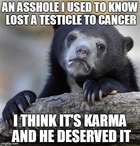Confession Bear | AN ASSHOLE I USED TO KNOW LOST A TESTICLE TO CANCER I THINK IT'S KARMA AND HE DESERVED IT | image tagged in memes,confession bear | made w/ Imgflip meme maker