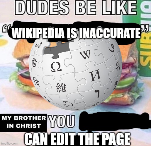 Dudes be like "wikipedia is inaccurate" | WIKIPEDIA IS INACCURATE; CAN EDIT THE PAGE | image tagged in brother in christ subway | made w/ Imgflip meme maker
