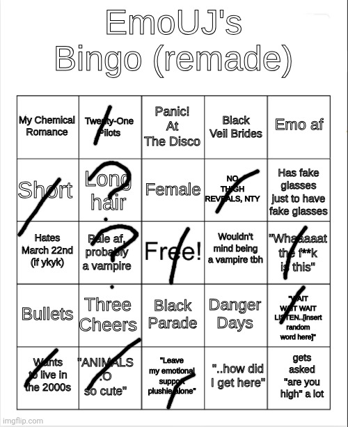 EmoUJ's Bingo (Remade) | image tagged in emouj's bingo remade | made w/ Imgflip meme maker