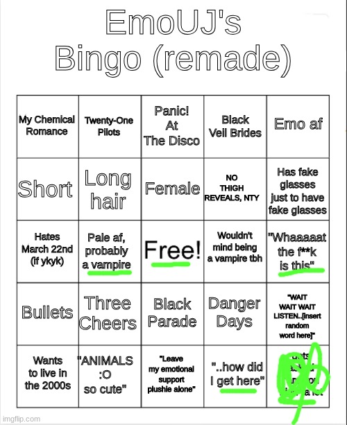 EmoUJ's Bingo (Remade) | image tagged in emouj's bingo remade | made w/ Imgflip meme maker