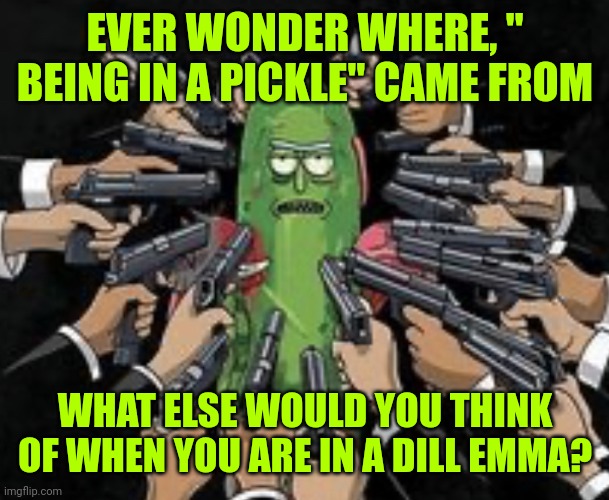 Pickle Rick Guns | EVER WONDER WHERE, " BEING IN A PICKLE" CAME FROM; WHAT ELSE WOULD YOU THINK OF WHEN YOU ARE IN A DILL EMMA? | image tagged in pickle rick guns | made w/ Imgflip meme maker