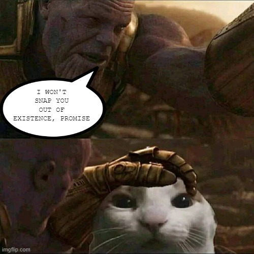 Thanos Cat | I WON'T SNAP YOU OUT OF EXISTENCE, PROMISE | image tagged in thanos | made w/ Imgflip meme maker