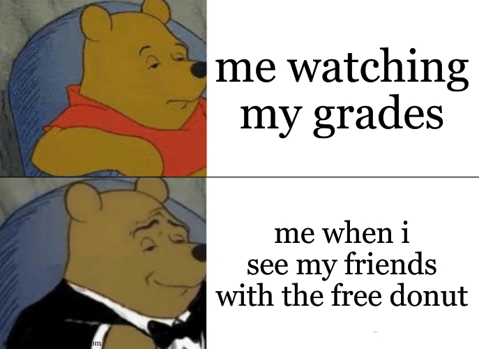 lol | me watching my grades; me when i see my friends with the free donut | image tagged in memes,tuxedo winnie the pooh | made w/ Imgflip meme maker