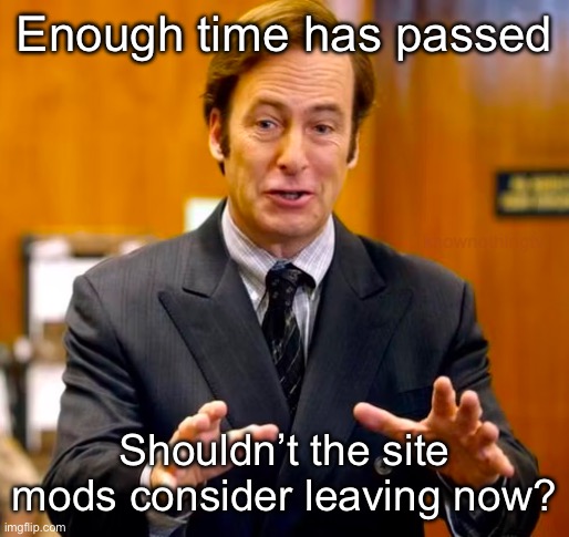 Saul Goodman Your Honor | Enough time has passed; Shouldn’t the site mods consider leaving now? | image tagged in saul goodman your honor | made w/ Imgflip meme maker
