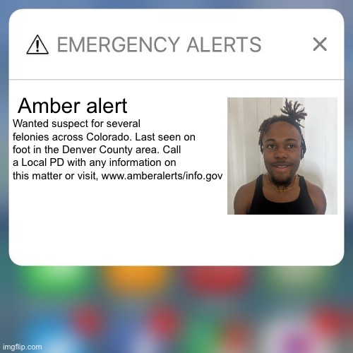 Emergency Alert | Amber alert; Wanted suspect for several felonies across Colorado. Last seen on foot in the Denver County area. Call a Local PD with any information on this matter or visit, www.amberalerts/info.gov | image tagged in emergency alert | made w/ Imgflip meme maker