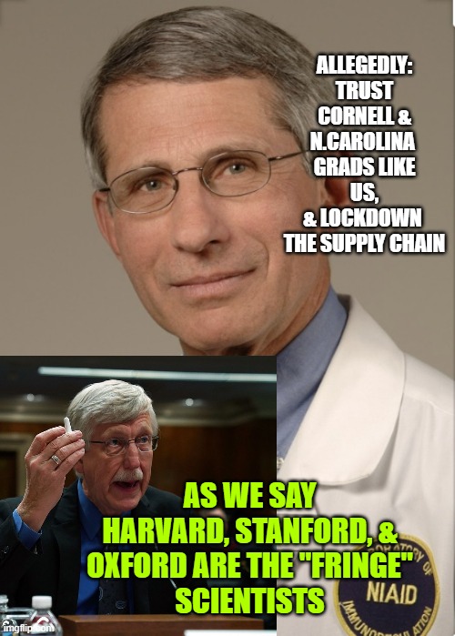 Dr Fauci | ALLEGEDLY:
TRUST CORNELL &
N.CAROLINA 
GRADS LIKE US,
& LOCKDOWN 
THE SUPPLY CHAIN; AS WE SAY
HARVARD, STANFORD, &
OXFORD ARE THE "FRINGE"
SCIENTISTS | image tagged in dr fauci | made w/ Imgflip meme maker