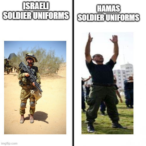 While the IDF uses actual military uniforms, HAMAS looks like an ordinary Citizens | ISRAELI SOLDIER UNIFORMS; HAMAS SOLDIER UNIFORMS | image tagged in t chart,israel,palestine | made w/ Imgflip meme maker