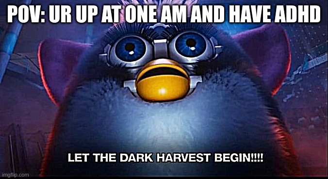 this is me. | POV: UR UP AT ONE AM AND HAVE ADHD | image tagged in let the dark harvest begin | made w/ Imgflip meme maker