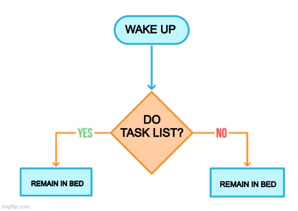 Daily Flowchart | WAKE UP; DO TASK LIST? REMAIN IN BED; REMAIN IN BED | image tagged in flowchart blank,bed,to do list,bedtime,task failed successfully | made w/ Imgflip meme maker