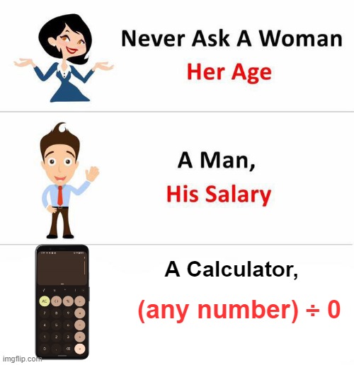 Math ERROR | (any number) ÷ 0; A Calculator, | image tagged in never ask a woman her age | made w/ Imgflip meme maker