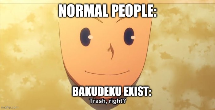Normal ppl | NORMAL PEOPLE:; BAKUDEKU EXIST: | image tagged in trash right | made w/ Imgflip meme maker