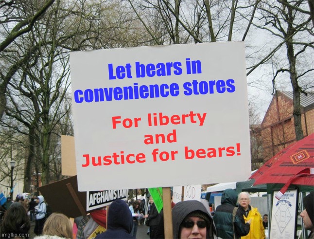 Blank protest sign | Let bears in convenience stores For liberty and Justice for bears! | image tagged in blank protest sign | made w/ Imgflip meme maker