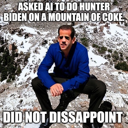 ASKED AI TO DO HUNTER BIDEN ON A MOUNTAIN OF COKE. DID NOT DISSAPPOINT | image tagged in hunter biden,cocaine,ai meme | made w/ Imgflip meme maker