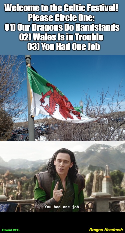 Dragon Headrush | Welcome to the Celtic Festival!   

Please Circle One:   

 01) Our Dragons Do Handstands   

02) Wales Is in Trouble   

03) You Had One Job; OzwinEVCG; Dragon Headrush | image tagged in celts,festival,flags,awkward,dragons,you had one job just the one | made w/ Imgflip meme maker