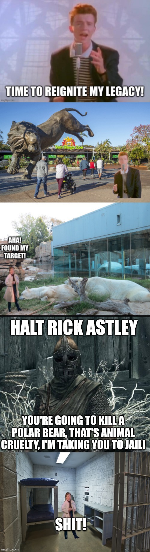 Rick goes to jail | HALT RICK ASTLEY; YOU'RE GOING TO KILL A POLAR BEAR, THAT'S ANIMAL CRUELTY, I'M TAKING YOU TO JAIL! SHIT! | image tagged in skyrimguard,jail cell | made w/ Imgflip meme maker