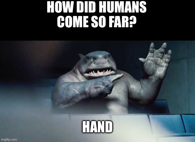 HAND | HOW DID HUMANS COME SO FAR? HAND | image tagged in the suicide squad king shark hand | made w/ Imgflip meme maker