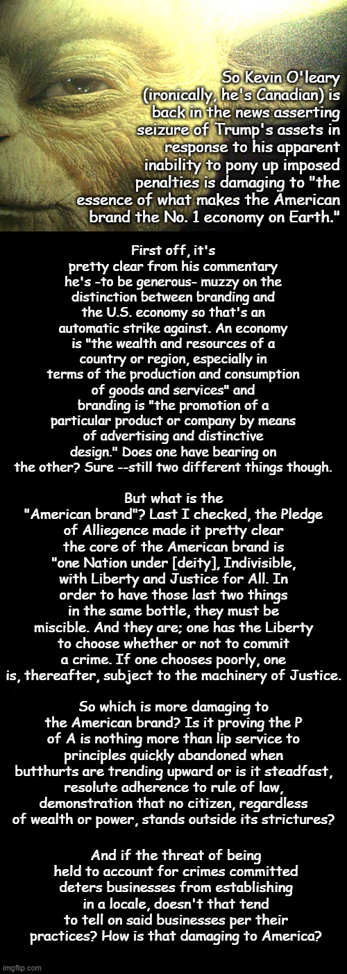 Status as wealthy automatically does not make an individual someone from whom advice you should take . | So Kevin O'leary (ironically, he's Canadian) is back in the news asserting seizure of Trump's assets in response to his apparent inability to pony up imposed penalties is damaging to "the essence of what makes the American brand the No. 1 economy on Earth."; First off, it's pretty clear from his commentary he's -to be generous- muzzy on the distinction between branding and the U.S. economy so that's an automatic strike against. An economy is "the wealth and resources of a country or region, especially in terms of the production and consumption of goods and services" and branding is "the promotion of a particular product or company by means of advertising and distinctive design." Does one have bearing on the other? Sure --still two different things though. But what is the "American brand"? Last I checked, the Pledge of Alliegence made it pretty clear the core of the American brand is "one Nation under [deity], Indivisible, with Liberty and Justice for All. In order to have those last two things in the same bottle, they must be miscible. And they are; one has the Liberty to choose whether or not to commit a crime. If one chooses poorly, one is, thereafter, subject to the machinery of Justice. So which is more damaging to the American brand? Is it proving the P of A is nothing more than lip service to principles quickly abandoned when butthurts are trending upward or is it steadfast, resolute adherence to rule of law, demonstration that no citizen, regardless of wealth or power, stands outside its strictures? And if the threat of being held to account for crimes committed deters businesses from establishing in a locale, doesn't that tend to tell on said businesses per their practices? How is that damaging to America? | image tagged in hmmmmmm yoda,double long black template,short black template | made w/ Imgflip meme maker