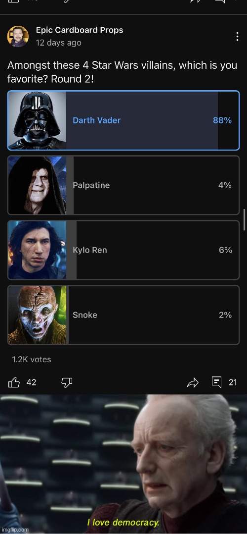Good... good | image tagged in i love democracy,emperor palpatine,darth vader,memes,polls,perfection | made w/ Imgflip meme maker