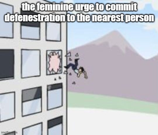 Defenestration | the feminine urge to commit defenestration to the nearest person | image tagged in defenestration | made w/ Imgflip meme maker