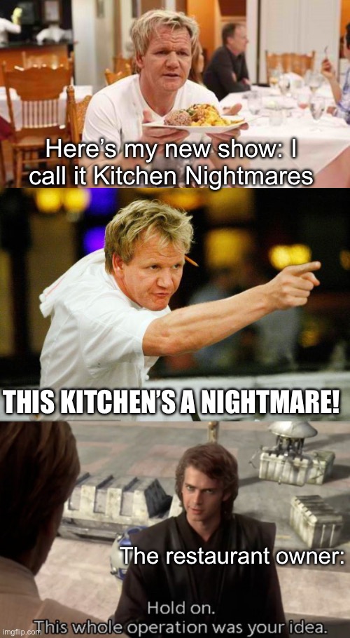Kitchen Nightmare | Here’s my new show: I call it Kitchen Nightmares; THIS KITCHEN’S A NIGHTMARE! The restaurant owner: | image tagged in gordon ramsey,chef gordon ramsay angry pointing,hold on this whole operation was your idea | made w/ Imgflip meme maker