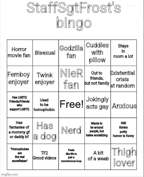 oh yeah i made a bingo btw | image tagged in staffsgtfrost's bingo | made w/ Imgflip meme maker