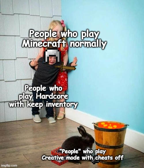 Aah! It's a psychopath! | People who play Minecraft normally; People who play Hardcore with keep inventory; "People" who play Creative mode with cheats off | image tagged in children scared of rabbit | made w/ Imgflip meme maker