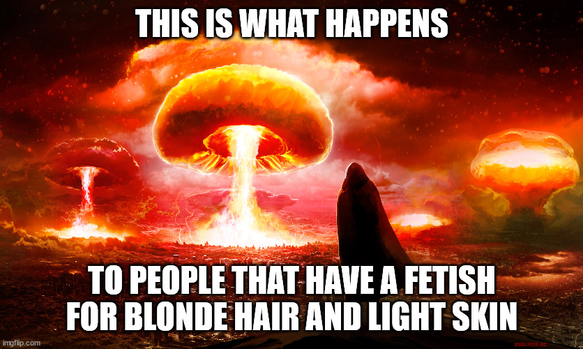 Response to the poem | THIS IS WHAT HAPPENS; TO PEOPLE THAT HAVE A FETISH FOR BLONDE HAIR AND LIGHT SKIN | image tagged in nuked | made w/ Imgflip meme maker