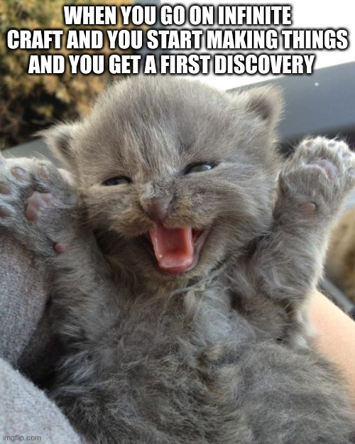 Yay Kitty | WHEN YOU GO ON INFINITE CRAFT AND YOU START MAKING THINGS AND YOU GET A FIRST DISCOVERY | image tagged in yay kitty | made w/ Imgflip meme maker