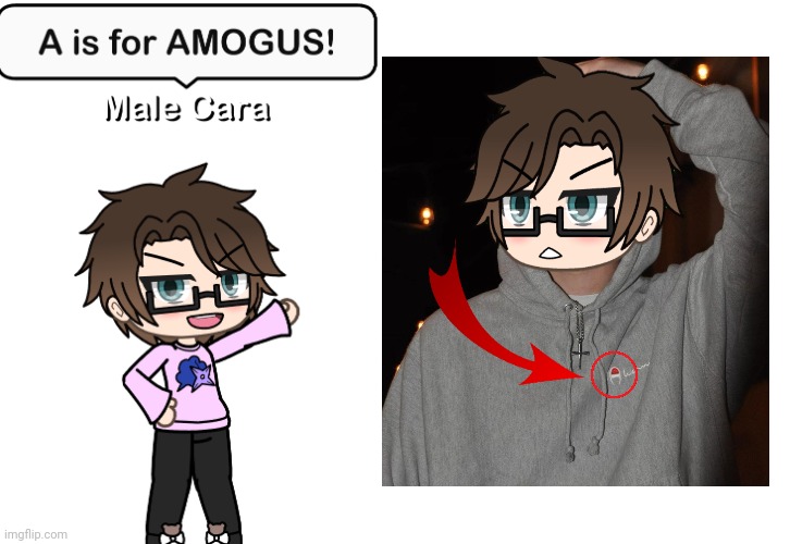 YES! MALE CARA WEARS AN AMONG US SHIRT! (IT'S A HOODIE!) | image tagged in pop up school 2,pus2,x is for x,male cara,amogus,among us | made w/ Imgflip meme maker