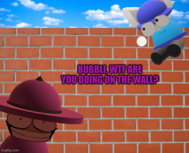 Bubbli being Bubbli | BUBBLI, WTF ARE YOU DOING ON THE WALL? | image tagged in blue sky,brick wall,vsbanbodi,dave and bambi | made w/ Imgflip meme maker