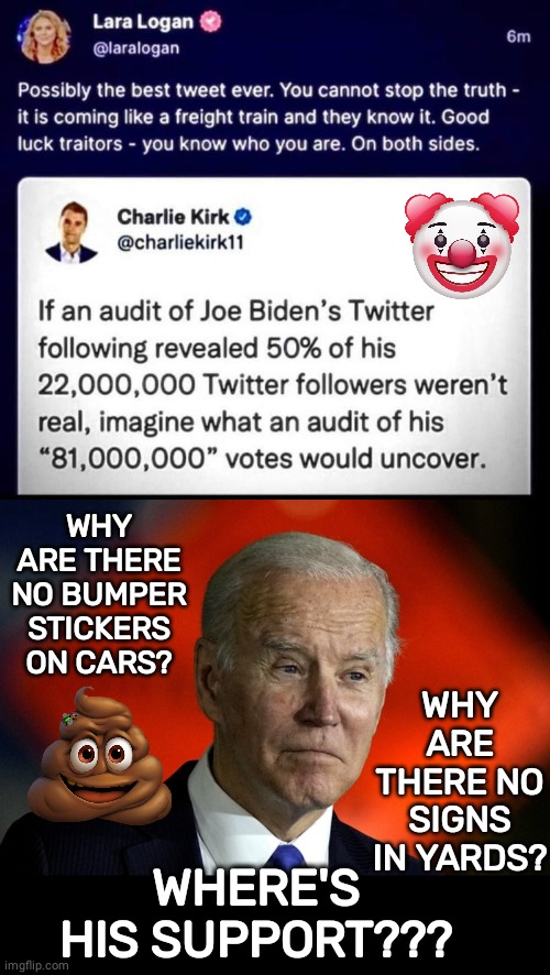 Ghost Candidate Joe fake support | WHY ARE THERE NO BUMPER STICKERS ON CARS? WHY ARE THERE NO SIGNS IN YARDS? WHERE'S HIS SUPPORT??? | image tagged in liver spots joe biden,black box | made w/ Imgflip meme maker