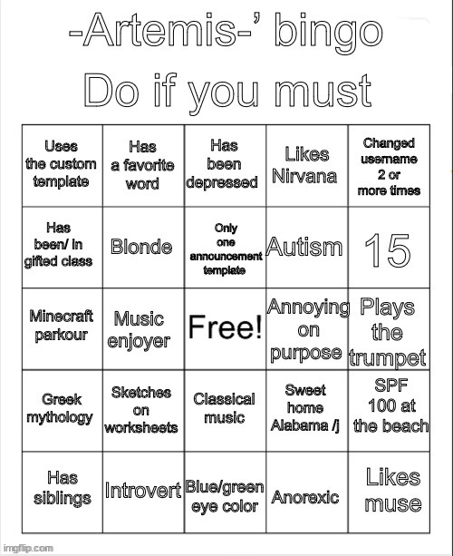 You guys can do this bingo if you are bored | image tagged in artemis bingo | made w/ Imgflip meme maker