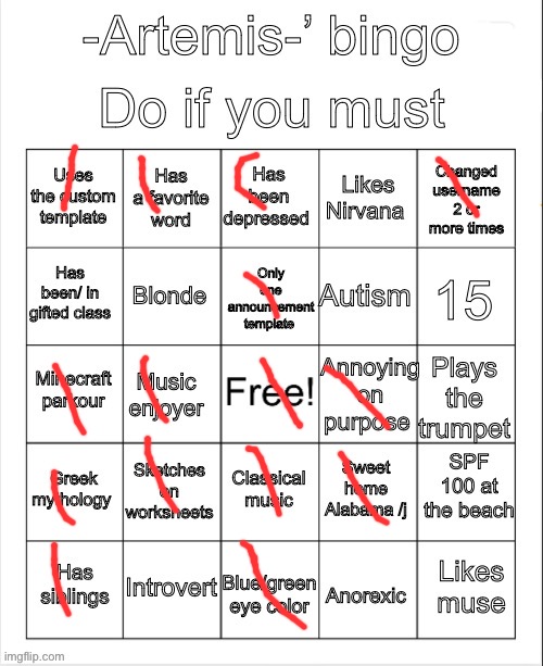 Artemis’ bingo | image tagged in artemis bingo | made w/ Imgflip meme maker