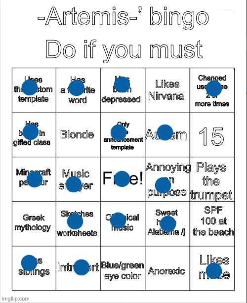 Artemis’ bingo | image tagged in artemis bingo | made w/ Imgflip meme maker