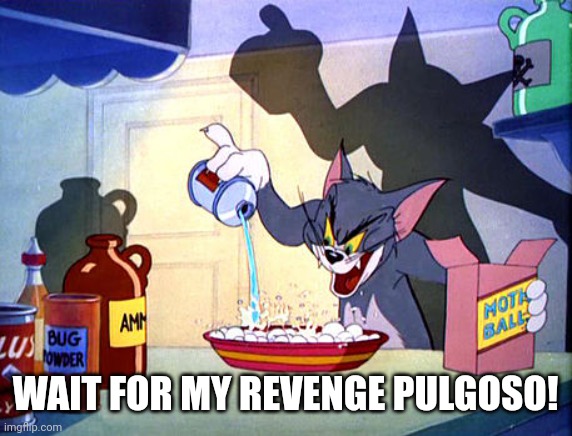 Revenge pulgoso! | WAIT FOR MY REVENGE PULGOSO! | image tagged in tom and jerry chemistry | made w/ Imgflip meme maker