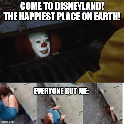 pennywise in sewer | COME TO DISNEYLAND! THE HAPPIEST PLACE ON EARTH! EVERYONE BUT ME: | image tagged in pennywise in sewer | made w/ Imgflip meme maker