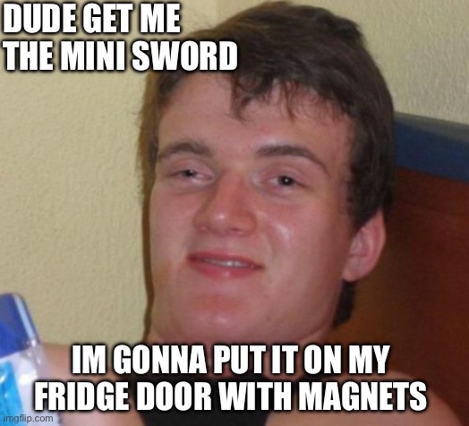 10 Guy Meme | DUDE GET ME THE MINI SWORD; IM GONNA PUT IT ON MY FRIDGE DOOR WITH MAGNETS | image tagged in memes,10 guy | made w/ Imgflip meme maker