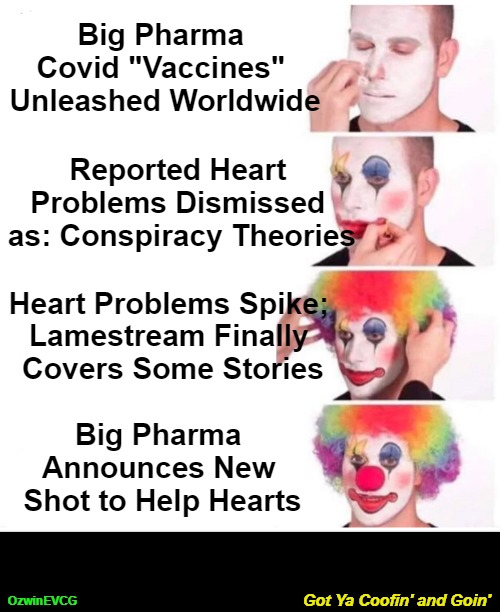 Got Ya Coofin' and Goin' [PSC] | Big Pharma 

Covid "Vaccines" 

Unleashed Worldwide; Reported Heart 

Problems Dismissed 

as: Conspiracy Theories; Heart Problems Spike; 

Lamestream Finally 

Covers Some Stories; Big Pharma 

Announces New 

Shot to Help Hearts; Got Ya Coofin' and Goin'; OzwinEVCG | image tagged in clown applying makeup,big pharma,unsafe injections,captured market,msm lies,covid collusion | made w/ Imgflip meme maker