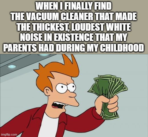haven't been able to get a decent night of sleep since | WHEN I FINALLY FIND THE VACUUM CLEANER THAT MADE THE THICKEST, LOUDEST WHITE NOISE IN EXISTENCE THAT MY PARENTS HAD DURING MY CHILDHOOD | image tagged in memes,shut up and take my money fry,white noise,vacuum cleaner,funny memes,sleep | made w/ Imgflip meme maker