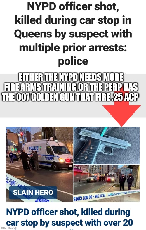 NYC crime wave | EITHER THE NYPD NEEDS MORE FIRE ARMS TRAINING OR THE PERP HAS THE 007 GOLDEN GUN THAT FIRE .25 ACP | image tagged in nyc,tinygun,demonrats,25auto | made w/ Imgflip meme maker