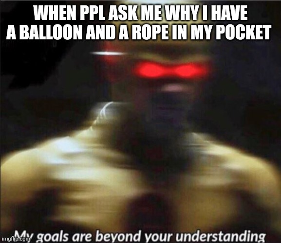 my goals are beyond your understanding | WHEN PPL ASK ME WHY I HAVE A BALLOON AND A ROPE IN MY POCKET | image tagged in my goals are beyond your understanding | made w/ Imgflip meme maker