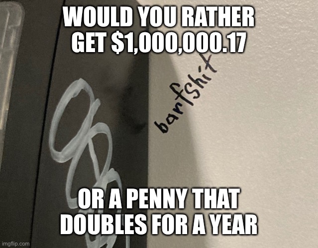 Barfshit | WOULD YOU RATHER GET $1,000,000.17; OR A PENNY THAT DOUBLES FOR A YEAR | image tagged in barfshit | made w/ Imgflip meme maker