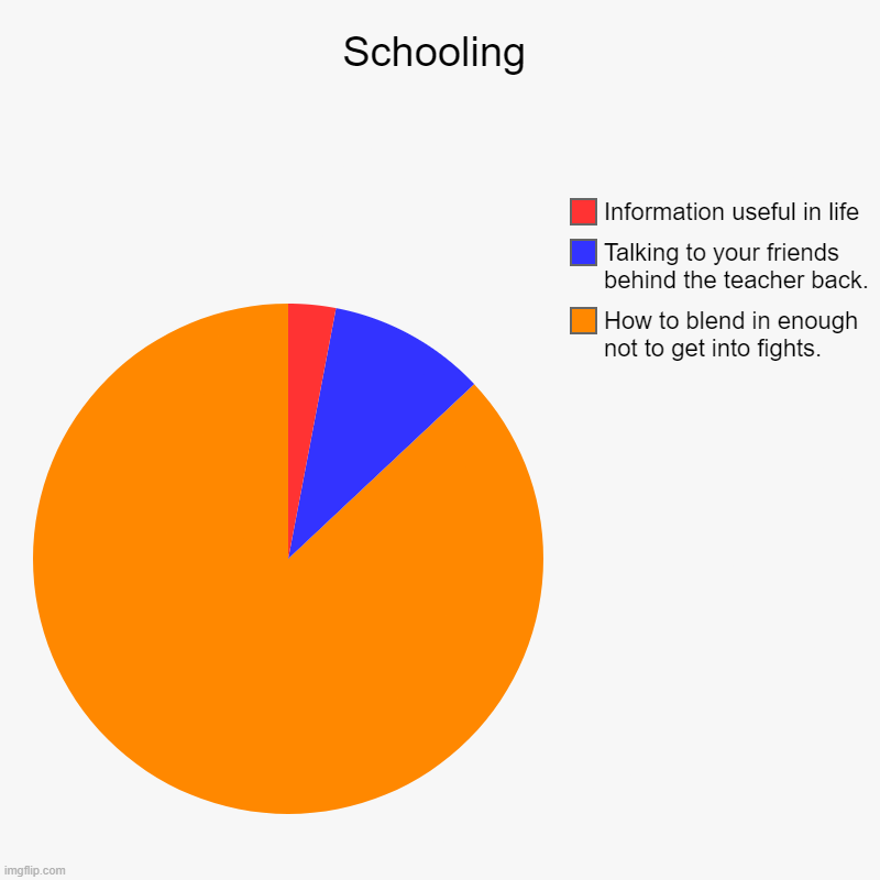 Schooling | How to blend in enough not to get into fights., Talking to your friends behind the teacher back., Information useful in life | image tagged in charts,pie charts | made w/ Imgflip chart maker