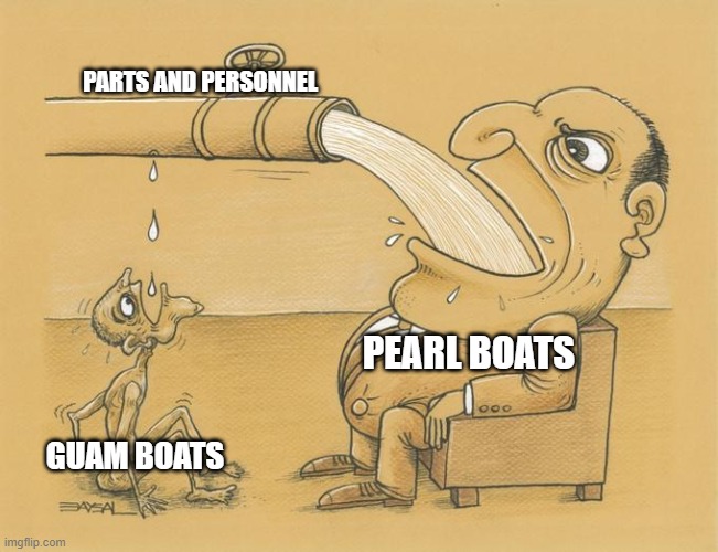 100 | PARTS AND PERSONNEL; PEARL BOATS; GUAM BOATS | image tagged in greedy pipe man | made w/ Imgflip meme maker