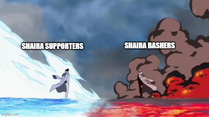 Selos | SHAIRA BASHERS; SHAIRA SUPPORTERS | image tagged in one piece akainu vs aokiji | made w/ Imgflip meme maker